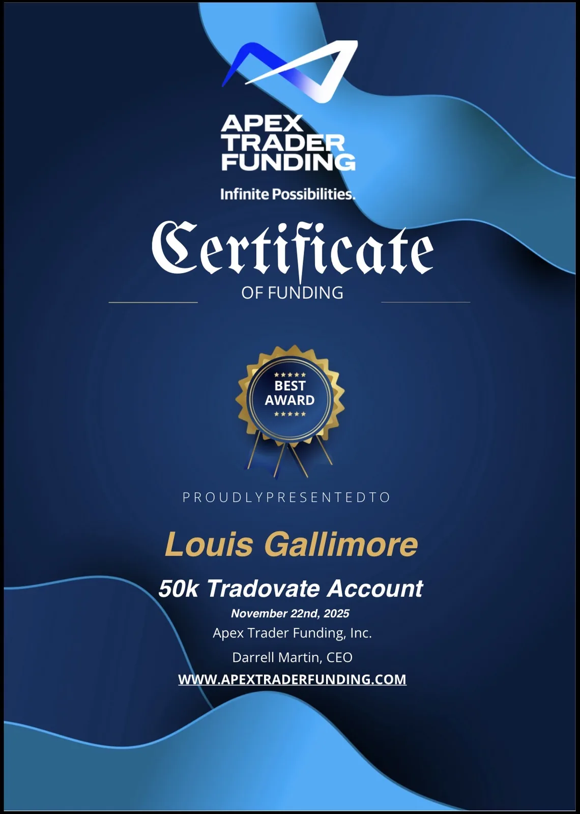 Apex Trader Funding 50k Tradovate account certificate