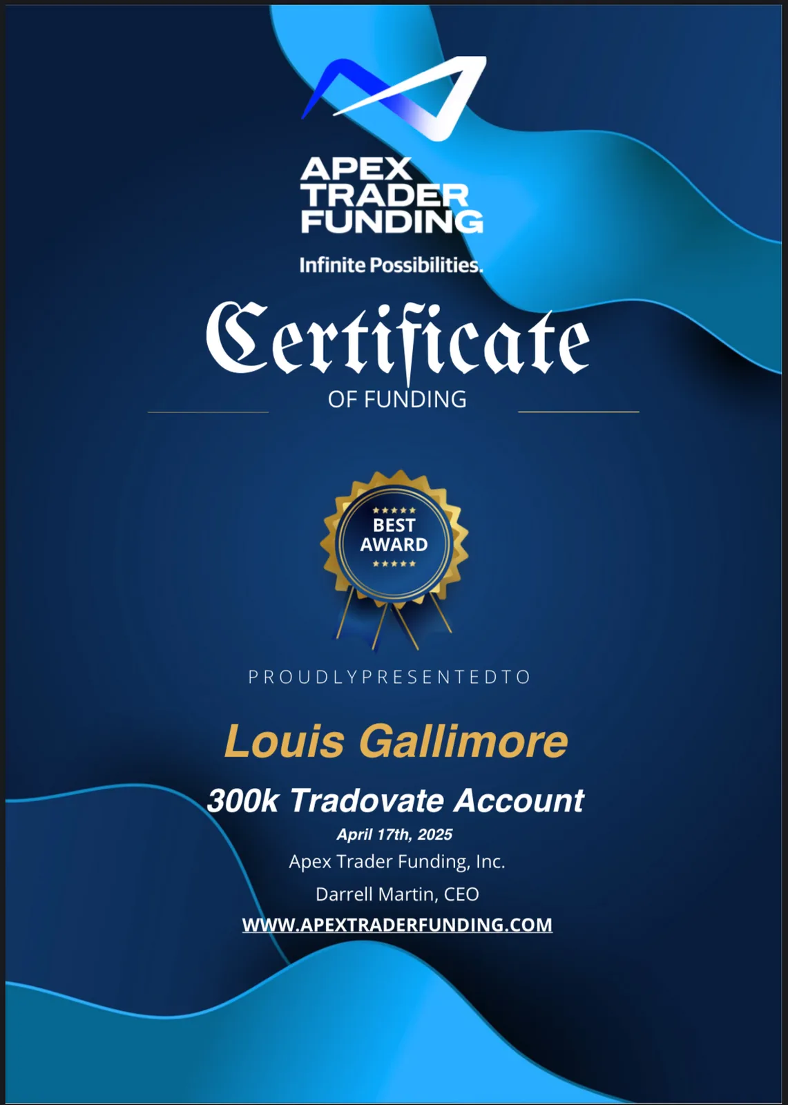Apex Trader Funding 300k Tradovate account certificate