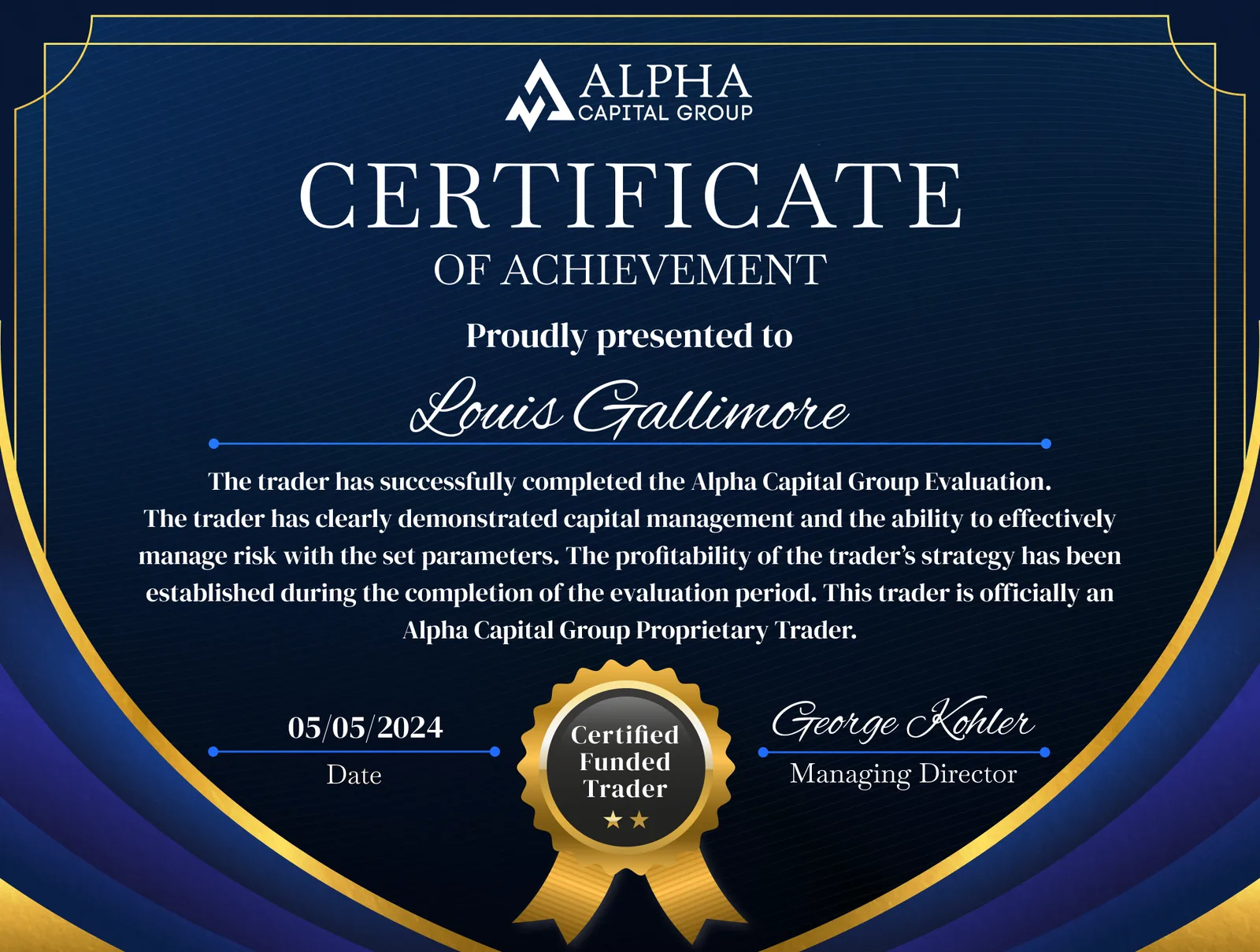 Alpha Capital Group Certificate of achievement