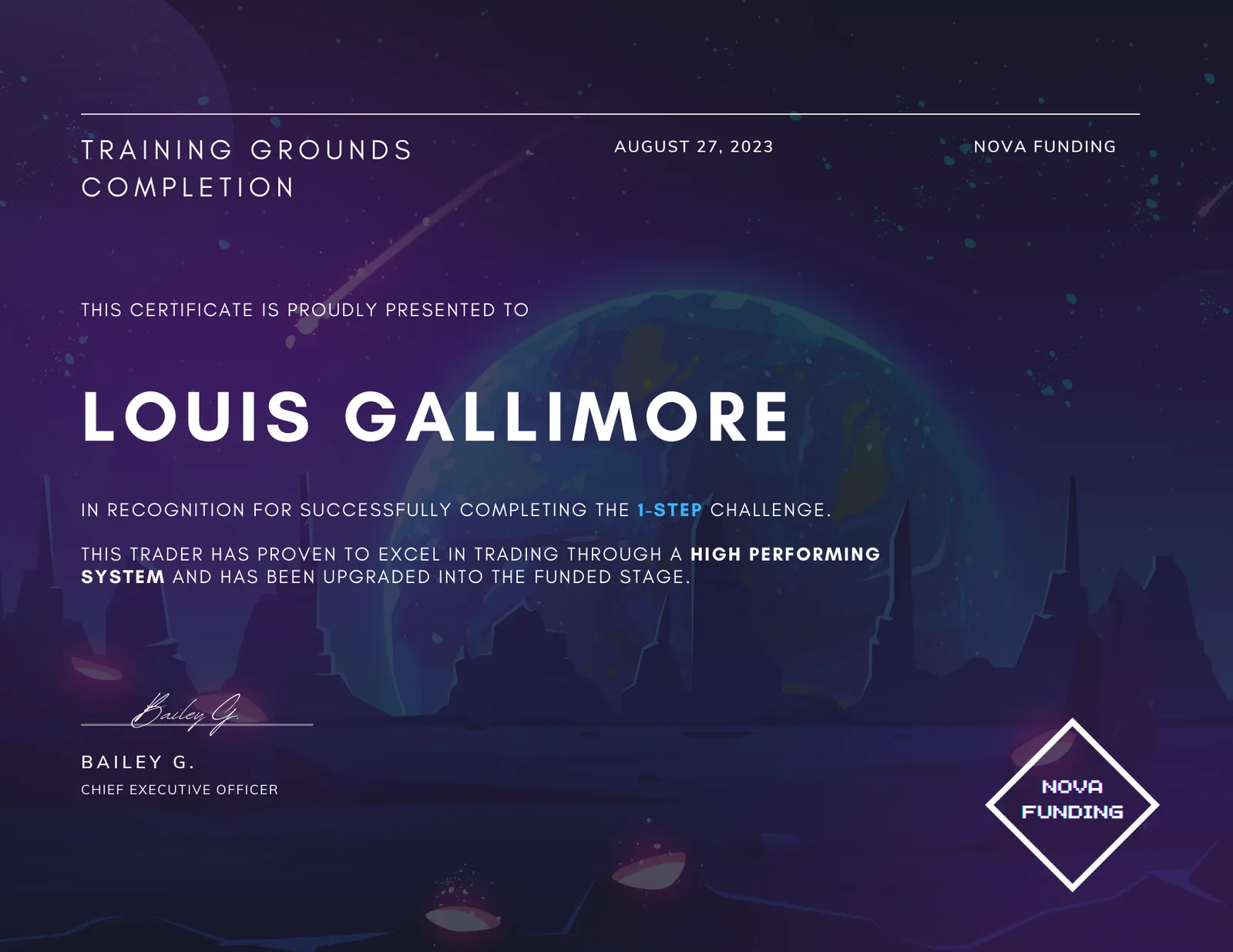 Nova Funding Completion certificate
