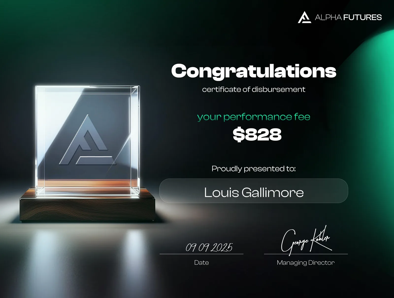 Alpha Futures $828 payout certificate