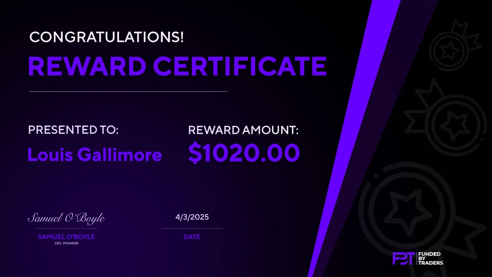 Funded By Traders $1,020 reward certificate
