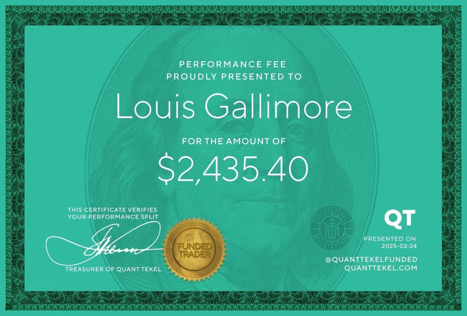 QT Funded $2,435 performance fee