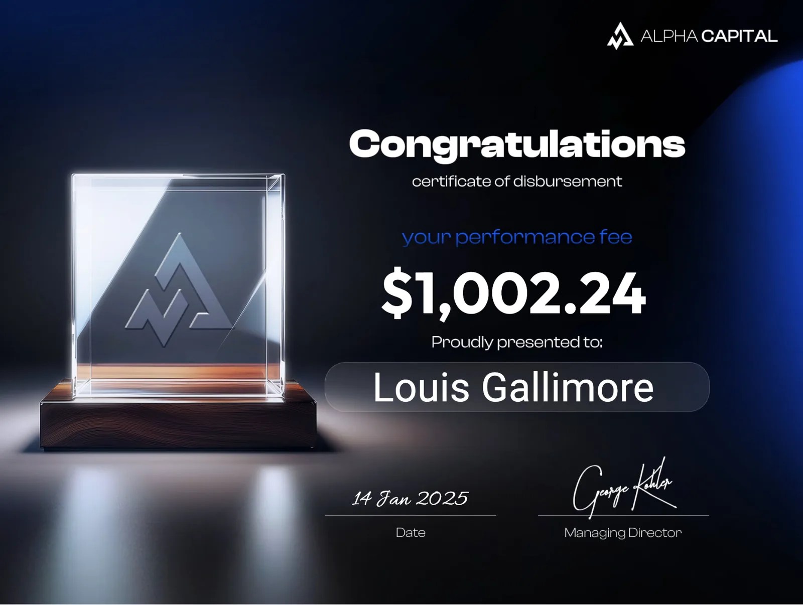 Alpha Capital Group $1,002 payout certificate
