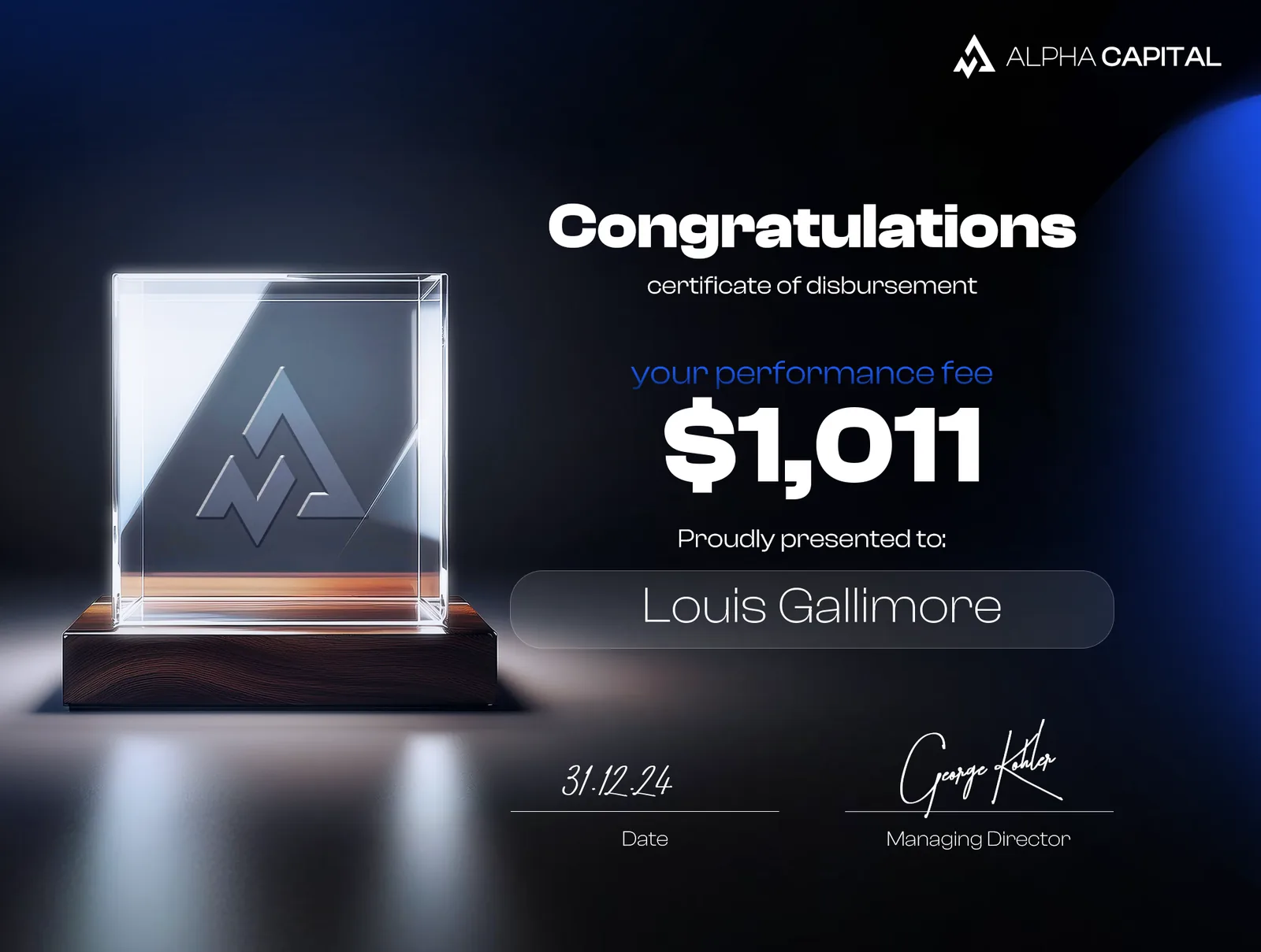 Alpha Capital Group $1,011 payout certificate