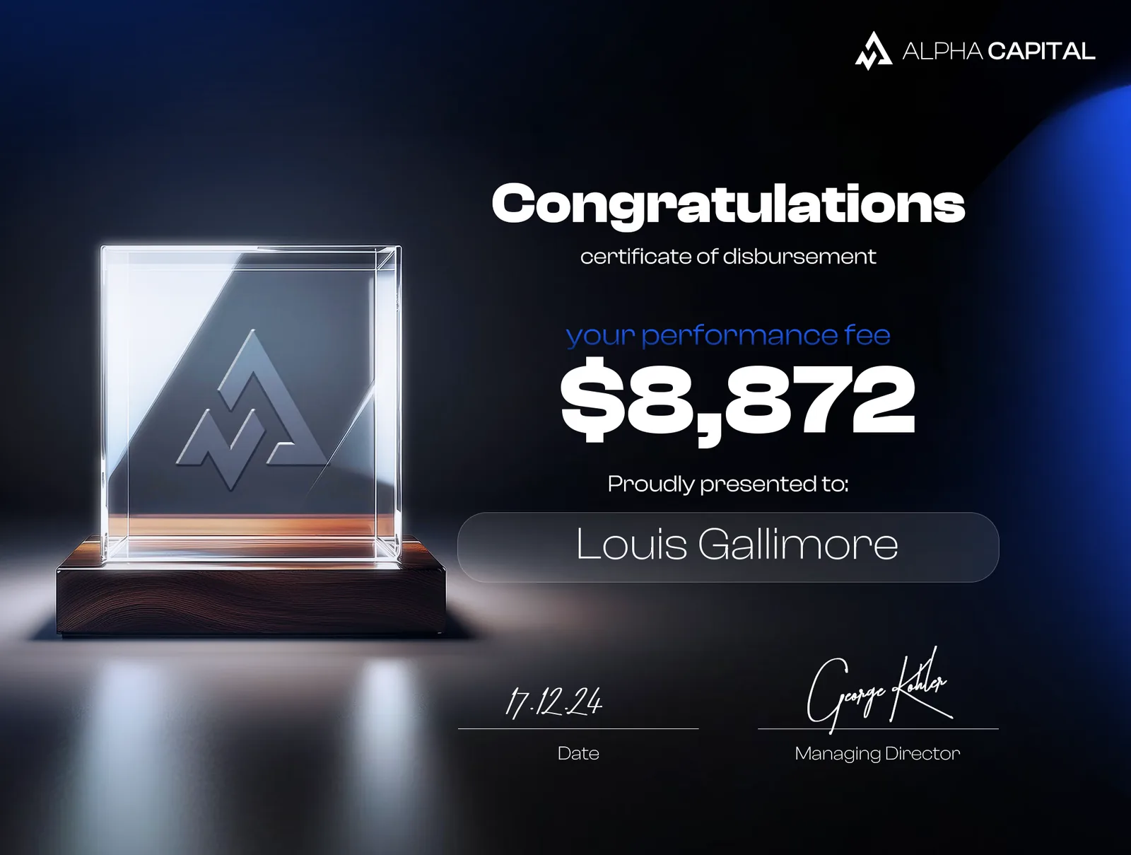 Alpha Capital Group $8,872 payout certificate